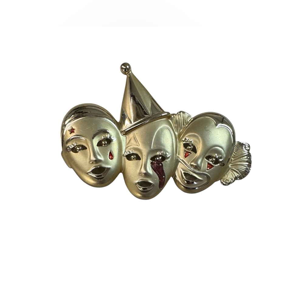 Vintage Gold Tone Crying Clowns Brooch Pin - Picture 2 of 4